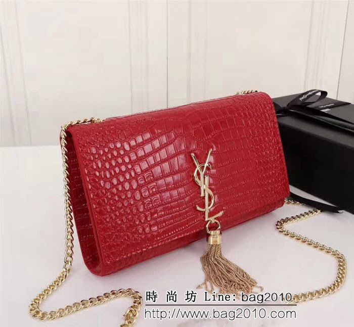 YSL聖羅蘭 經典銀扣 鱷魚紋牛皮 時尚流蘇包 26700 YAS1360